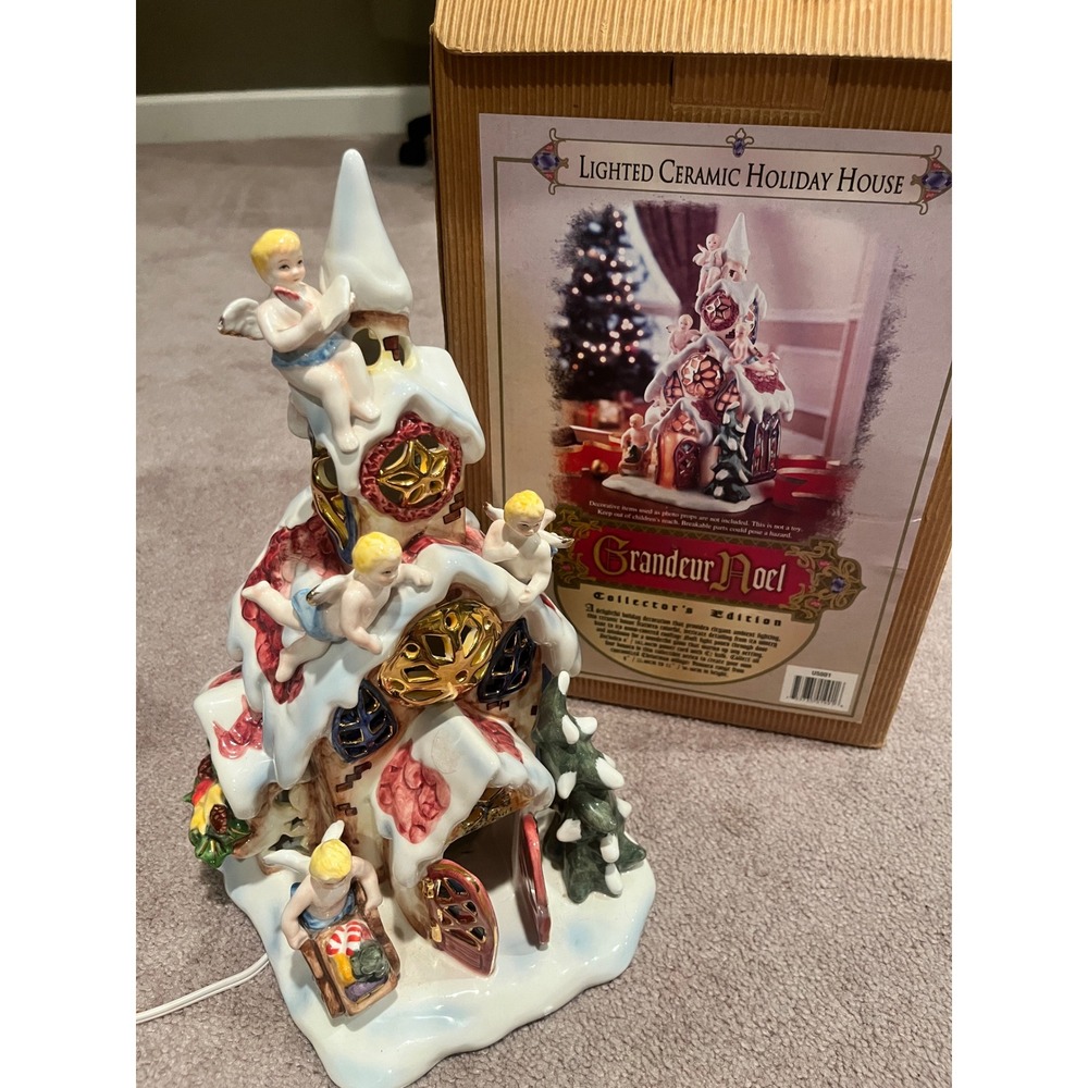 Grandeur Noel Lighted Ceramic Holiday House Angels Christmas Village Collector